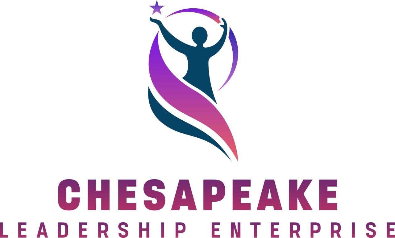 Chesapeake Leadership Enterprise logo: a teal figure with arms raised beneath a violet star, wrapped in a violet-to-coral ribbon, above the wordmark